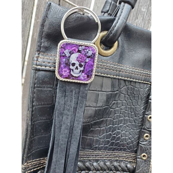Handmade boho skull lover Leather Fringe Western bag charm Long fringe keychain - Picture 3 of 4